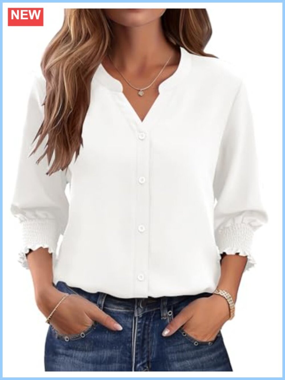 3/4 Sleeve Button Down Blouse V-Neck Lightweight Summer Work Top